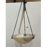 An early 20th century alabaster plafonnier hanging shade with gilt brass suspension chains. Probably