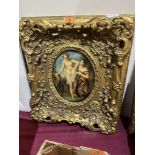 An oil of a bather with attendant in heavy gilt frame. Feigned oval 9¼' x 7¼'. A modern