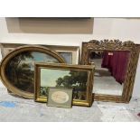 A gilt framed wall mirror; a 19th century landscape oil; three prints and a framed woolwoork