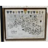 A framed map of The Shire of Glamorgan after John Chatfield, published by Christopher Davies. 15'