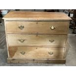 A Victorian pine chest of three long drawers on plinth support. 42' wide