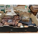 A box of sundries to include a cuckoo clock, records, costume jewellery, travel clocks etc.