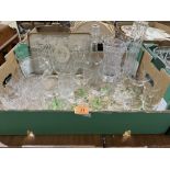 Two boxes of glassware with a ceramic relief wall plaque