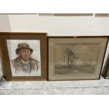 Two watercolour drawings, a 19th century equestrian print and a pastel drawing.
