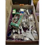 A box of plated cutlery etc.
