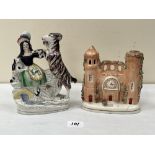 19th Century Staffordshire. A spill vase in the form of a belvedere, 6½' high and a figure, goat and