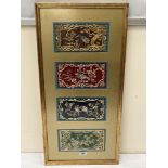 Four oriental embroideries of birds in a single mount. Each 4½' x 9'