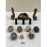 Three Chinese hardstone dog of Fo seals; seven hardstone eggs and three other items of carved stone