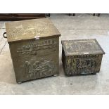 Two embossed brass log or coal boxes, the larger 19' high