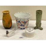 A Royal Copenhagen gull, 5' long; a jardiniere; a French soap pot and cover and two art pottery