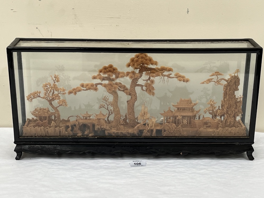 An oriental cased cut cork diorama of a garden scene. 23½'w x 11½'h