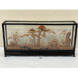 An oriental cased cut cork diorama of a garden scene. 23½'w x 11½'h