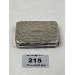 A Victorian silver snuffbox with bright cut decoration of scrolling foliage with vacant cartouche.