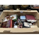 A box of costume jewellery and sundries