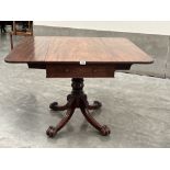 A 19th century mahogany drop leaf table with two frieze drawers on quadripartite outswept support