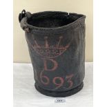 An antique leathern fire bucket. Bears a date 1693 and a D under a coronet. (Probably spurious).