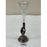 An early 20th century electroplated and etched glass table vase. James Dixon. 9½' high