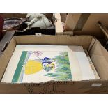 A box of French ephemera with a pair of coloured prints after Lucien Baubant and four other prints