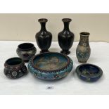 Seven items of Japanese cloisonne enamel metalware to include a psir of inverted baluster vases. 9¼'