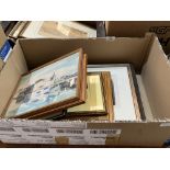 A box of watercolour drawings and prints