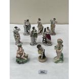 Six Volkstedt porcelain figures emblematic of the arts, 5' high and three other small figures