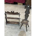 An oak spinning chair and a set of wall shelves