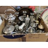 A box of metalware and plate