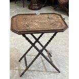 A late Victorian butlers tray on bobbin turned stand, the banded tray painted with four swallows and