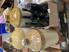 Three stoneware brewing jars (2 A.F.) and a box of old green glass wine and beer bottles