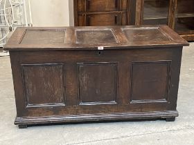 An 18th century joined oak three panel chest, the interior with a till. 51½' wide