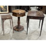 A Victorian mahogany octagonal work table; a George IV mahogany Pembroke table and a mahogany lamp