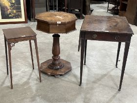 A Victorian mahogany octagonal work table; a George IV mahogany Pembroke table and a mahogany lamp