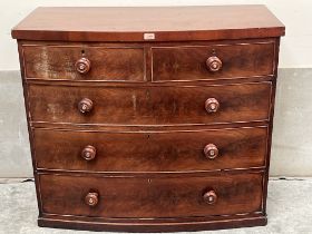 A Victorian mahogany bow fronted chest of drawers. 42' wide. Feet lacking