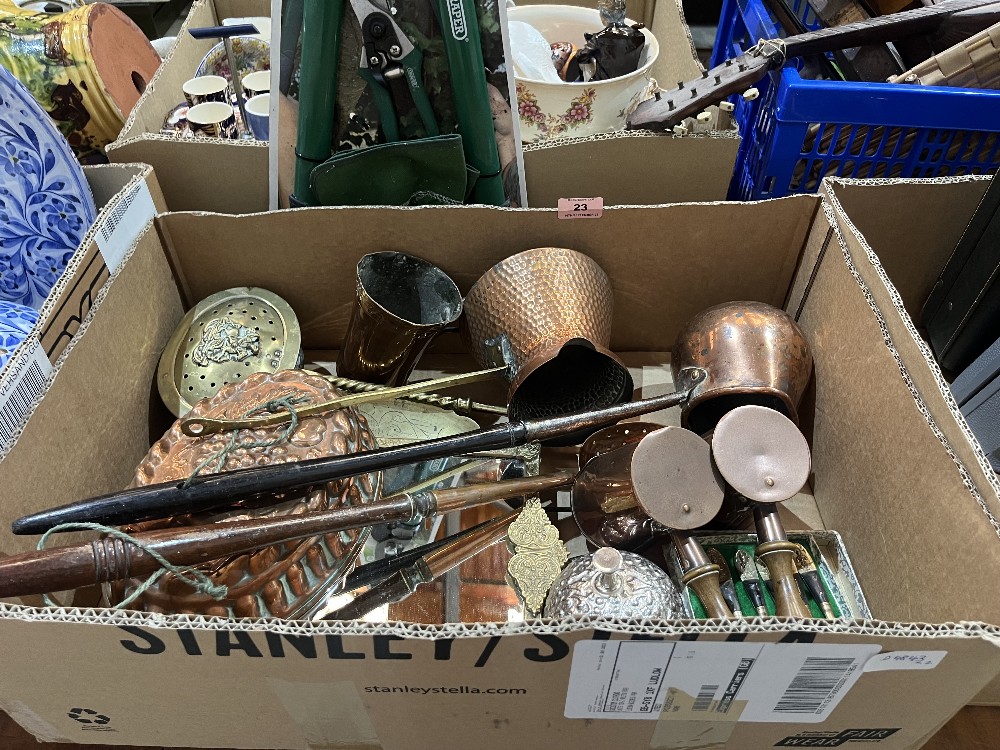 Two boxes of copper, brassware and sundries