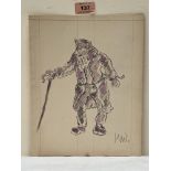 MANNER OF SIR JOHN KYFFIN WILLIAMS. BRITISH 1918-2006 Farmer and stick. Pencil and wash. Bears