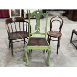 A Victorian spindle back bow armchair; a painted chair and a bentwood chair (3)