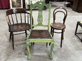 A Victorian spindle back bow armchair; a painted chair and a bentwood chair (3)