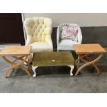 A pair of Laura Ashley folding occasional tables; button-back chair; a loom chair and a stool (5)