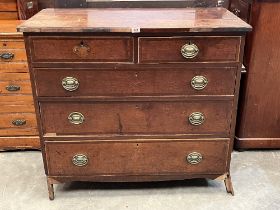 A George III oak and mahogany banded chest of drawers. 42' wide. Distressed