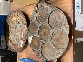 An oriental hardwood carved tray and metal applique decorated treen dish.