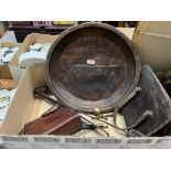 A treen bowl; two vintage handbags and miscellaneous metalware.