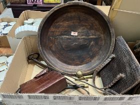 A treen bowl; two vintage handbags and miscellaneous metalware.