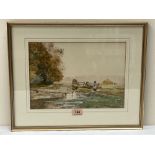 CLAUDE HAYES; R.I; R.O.I; IRISH 1852-1922 Girl with geese in a landscape. Signed. Watercolour 9½'