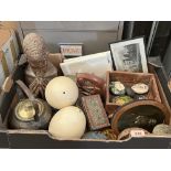 A box of ethnic metalware, treen and sundries.