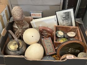 A box of ethnic metalware, treen and sundries.
