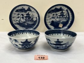 Two early 19th century Chinese blue and white bowls and saucers from the Diana Cargo wreck.