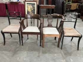 A pair of Regency side chairs; an Edward VII mahogany armchair and a mahogany corner chair (A.F.) (