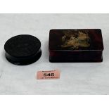A 19th century ebony snuffbox and a 19th century papier-mache stamp box, 3¾' wide.
