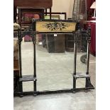 A Victorian aesthetic movement ebonised overmantle with gilded and painted surmount. 50'w x 45'h