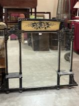 A Victorian aesthetic movement ebonised overmantle with gilded and painted surmount. 50'w x 45'h